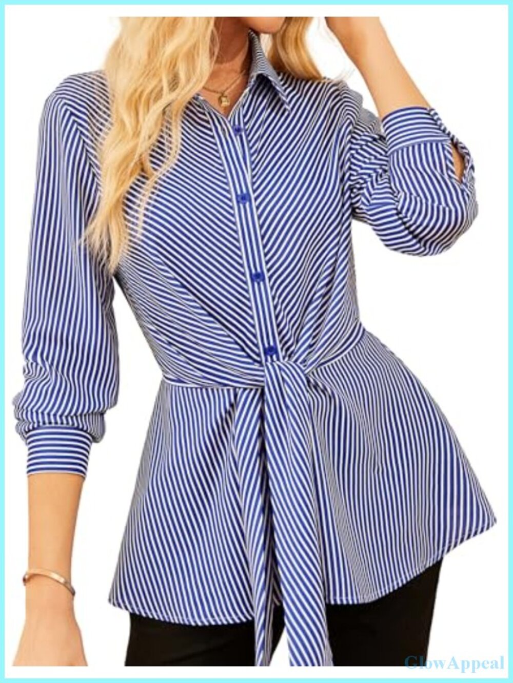Peplum Tie Front Striped Button Down Long Sleeve Blouse Work Office Shirt